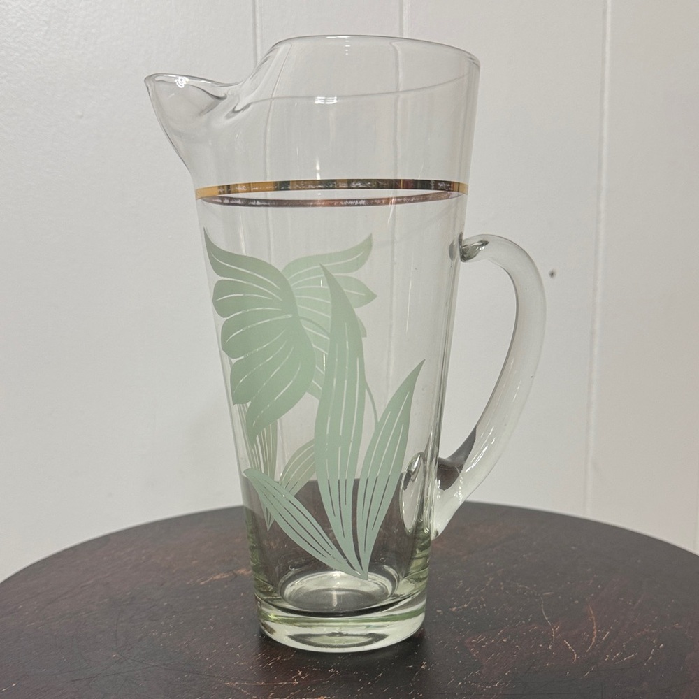 Vintage mid century glass floral pitcher gold rim